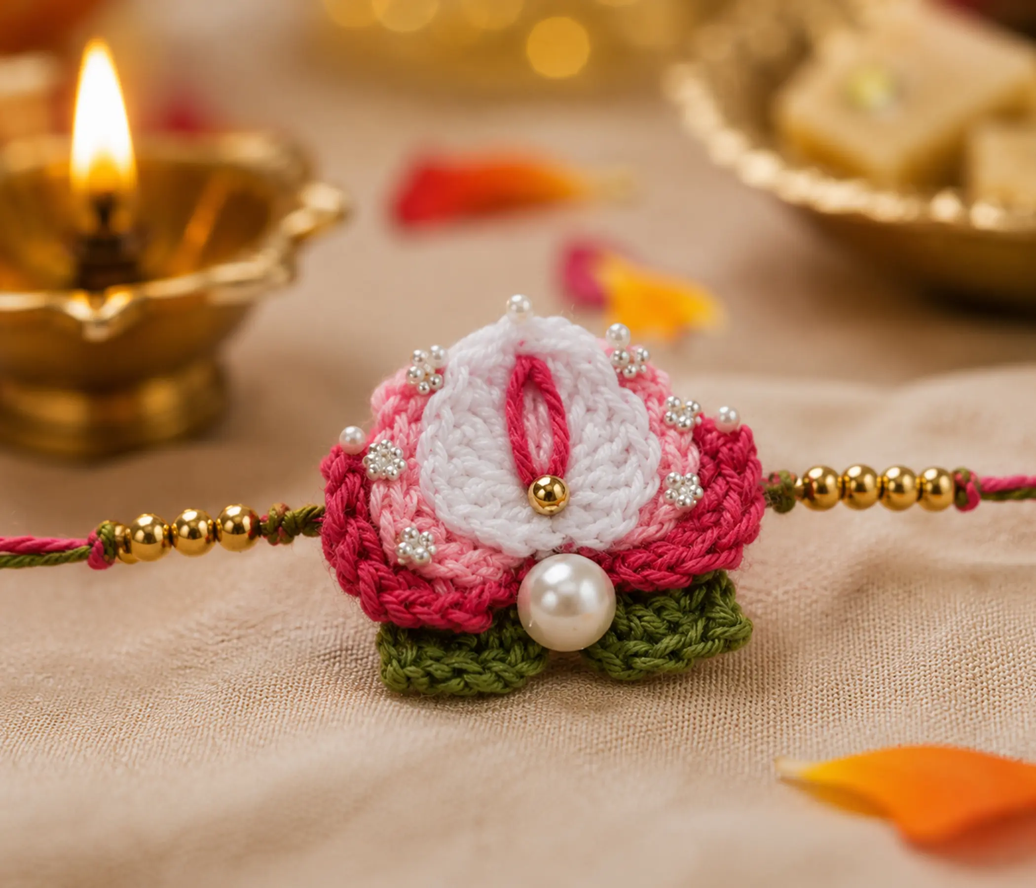 Divine Lotus Pearl Handcrafted Crochet Rakhi